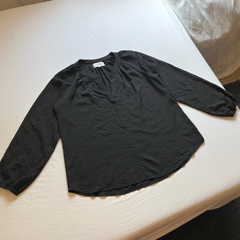 XIRENA black textured long puff sleeve popover polo blouse shirt